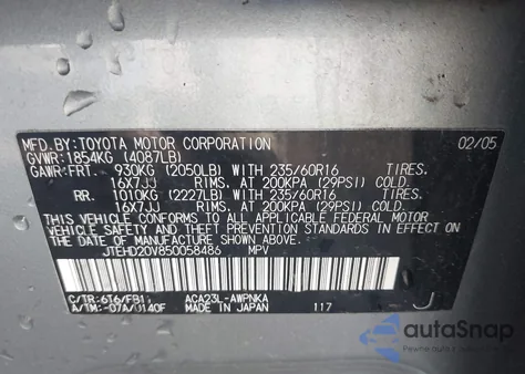 2005 Toyota Rav4 from USA, damaged, VIN JTEHD20V850058486